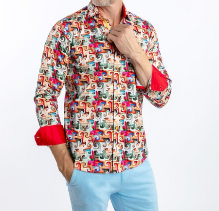 Claudio Lugli- Red Abstract Puzzle Print Long Sleeve Shirt (CP-6898)