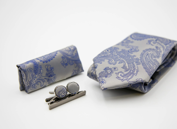 Paul Andrew- Silver And Blue Paisley Tie Set (114)