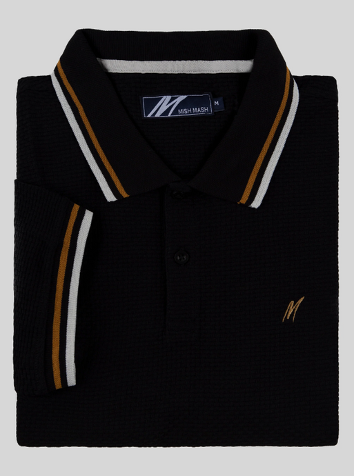Mish Mash- Black Regular Fit Textured Cotton Jersey Stockholm Polo