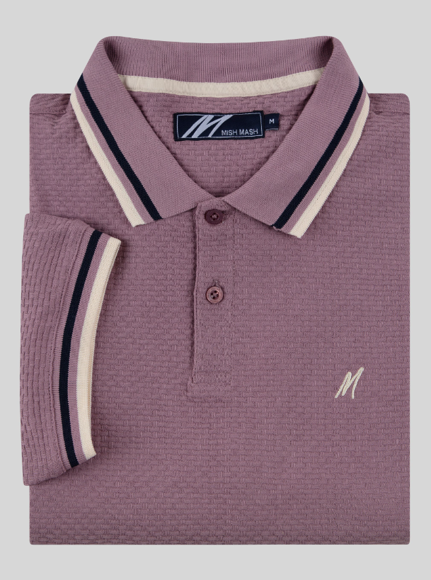 Mish Mash- Dusky Pink Regular Fit Textured Cotton Jersey Stockholm Polo