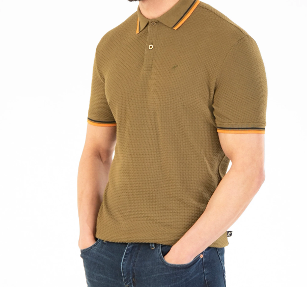 Mish Mash- Khaki Regular Fit Textured Cotton Jersey Stockholm Polo