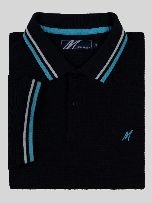 Mish Mash- Navy Regular Fit Textured Cotton Jersey Stockholm Polo