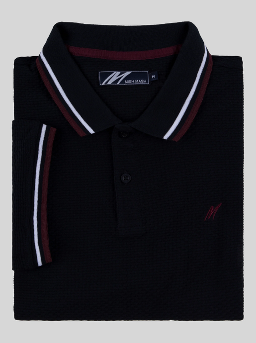 Mish Mash- Navy/Burgundy Regular Fit Textured Cotton Jersey Stockholm Polo