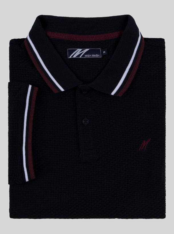 Mish Mash- Navy/Burgundy Regular Fit Textured Cotton Jersey Stockholm Polo
