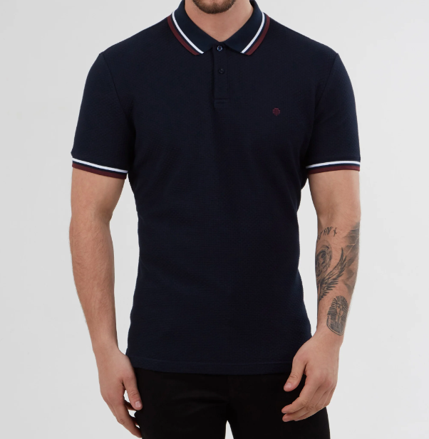 Mish Mash- Navy/Burgundy Regular Fit Textured Cotton Jersey Stockholm Polo