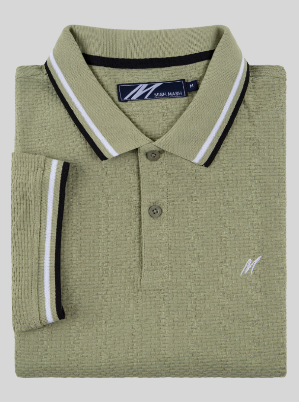 Mish Mash- Pale Green Regular Fit Textured Cotton Jersey Stockholm Polo