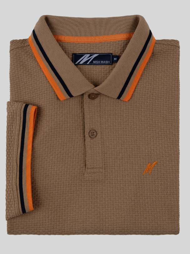 Mish Mash- Warm Stone Regular Fit Textured Cotton Jersey Stockholm Polo