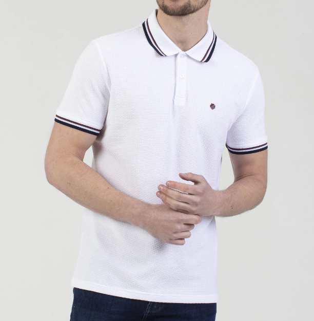 Mish Mash- White Regular Fit Textured Cotton Jersey Stockholm Polo