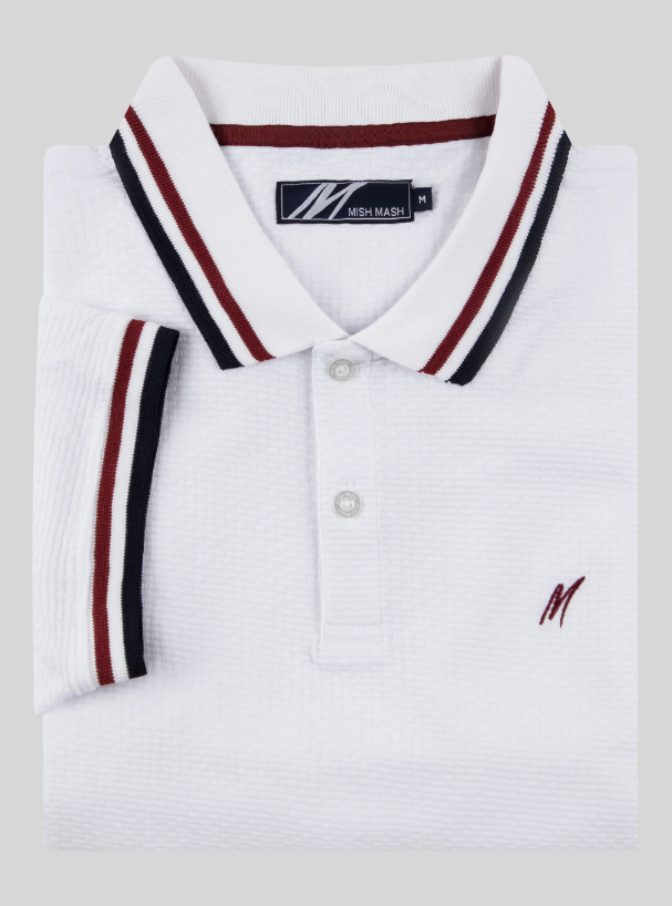 Mish Mash- White Regular Fit Textured Cotton Jersey Stockholm Polo