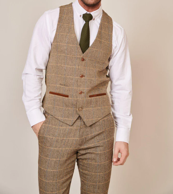 Marc Darcy- Ted Tan Tweed Check Waistcoat