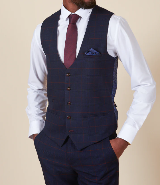 Marc Darcy- Edinson Navy/Wine Check Waistcoat