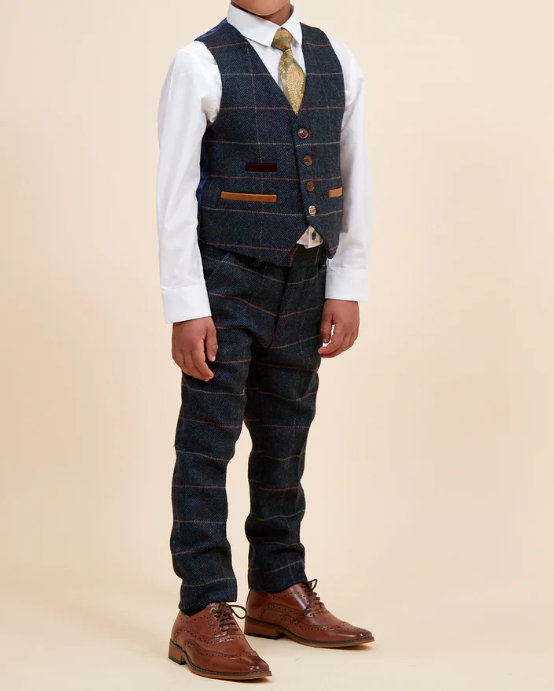 Marc Darcy- Children's Eton Navy Tweed Check Three Piece Suit