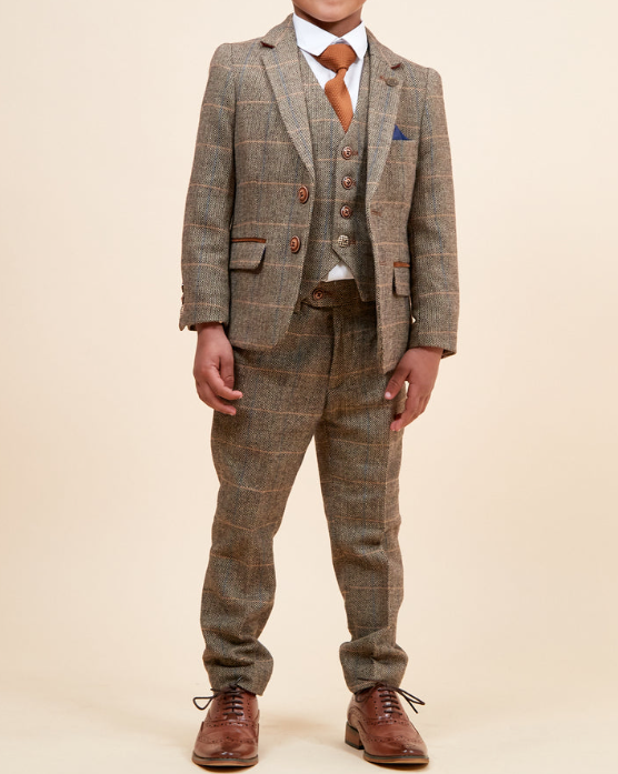 Marc Darcy- Childrens Ted Tan Check Tweed Three Piece Suit