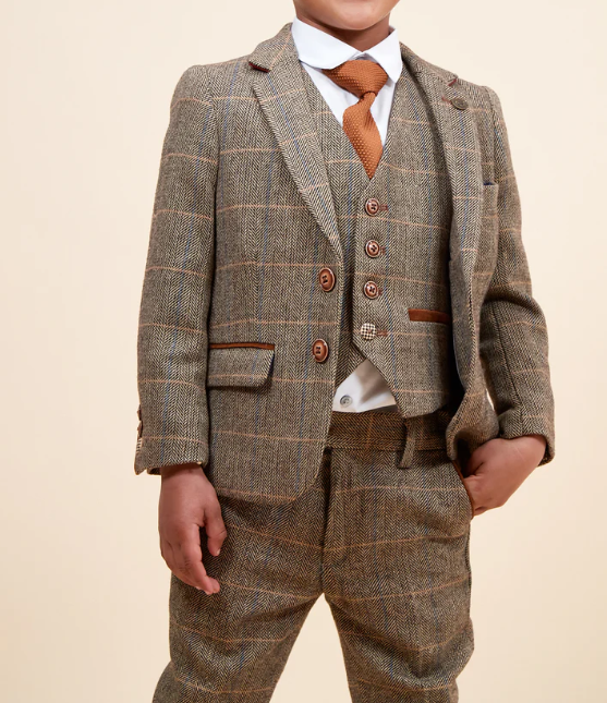 Marc Darcy- Childrens Ted Tan Check Tweed Three Piece Suit