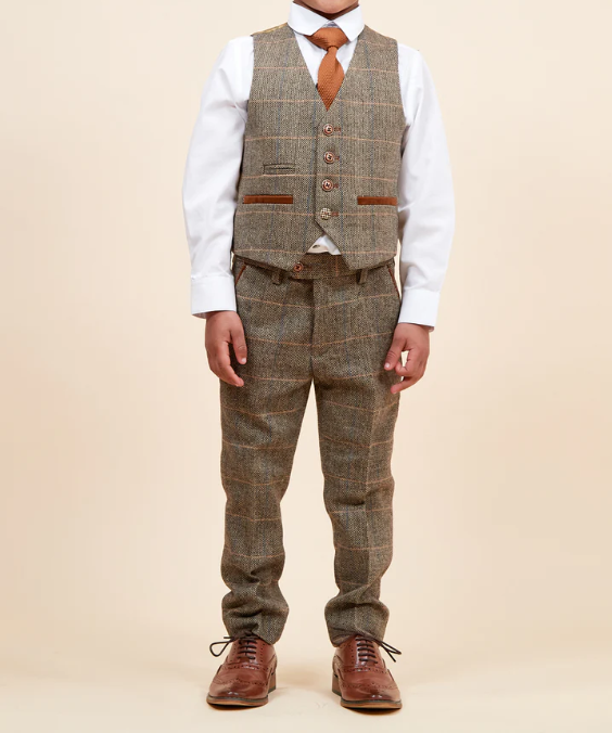 Marc Darcy- Childrens Ted Tan Check Tweed Three Piece Suit