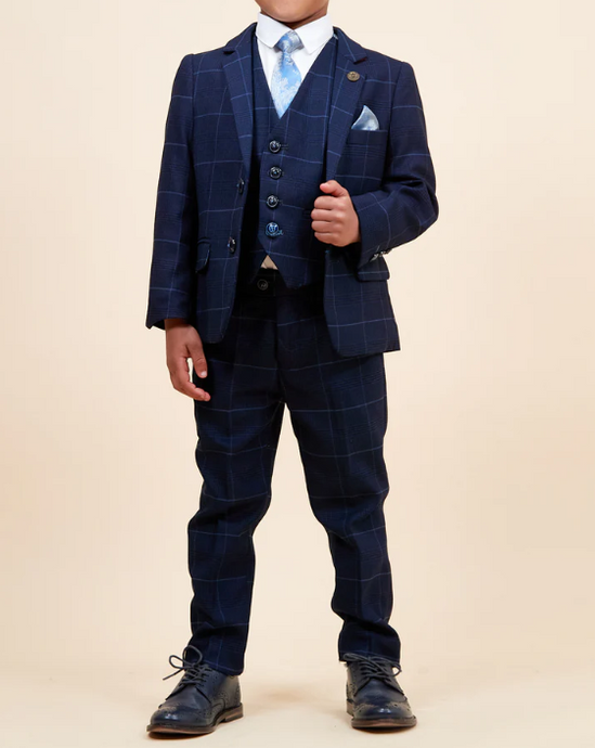 Marc Darcy- Children's Edinson Navy/Sky Check Three Piece Suit