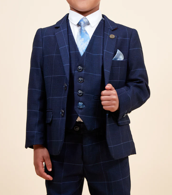 Marc Darcy- Children's Edinson Navy/Sky Check Three Piece Suit