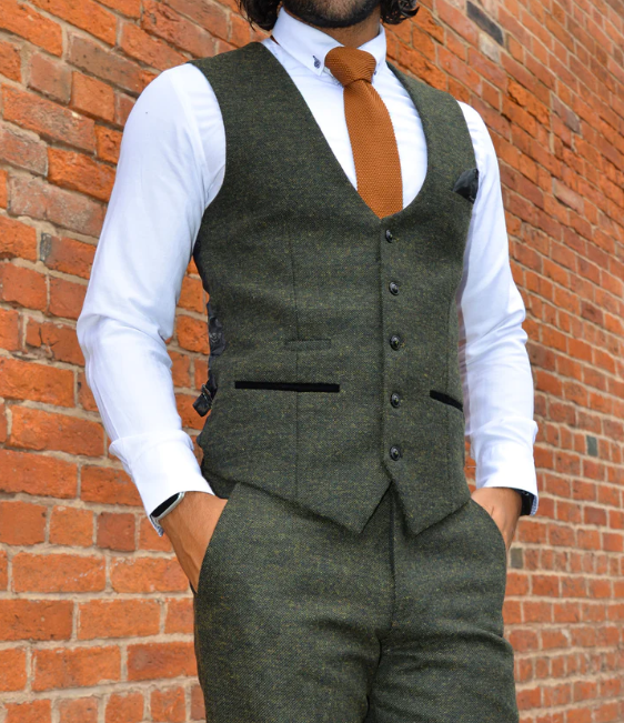 Marc Darcy- Marlow Olive Green Tweed Waistcoat