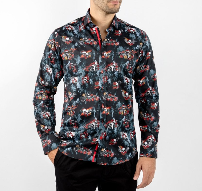 Claudio Lugli- Black Retro Skulls And Roses Shirt (CP-6839)