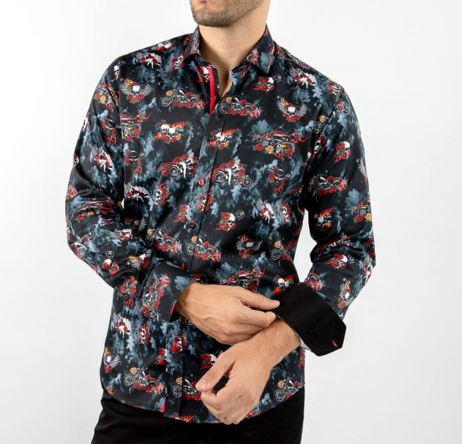 Claudio Lugli- Black Retro Skulls And Roses Shirt (CP-6839)