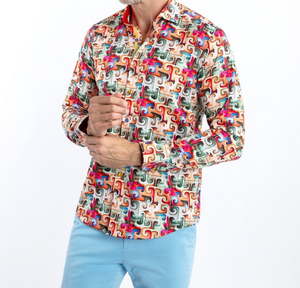 Claudio Lugli- Red Abstract Puzzle Print Long Sleeve Shirt (CP-6898)
