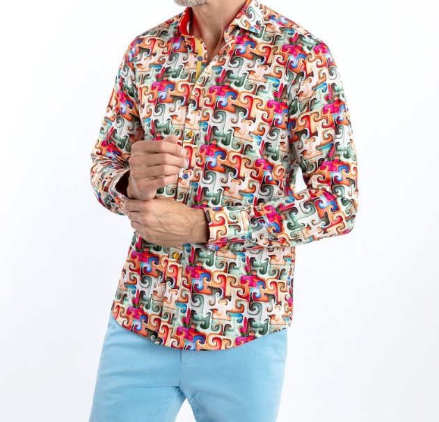 Claudio Lugli- Red Abstract Puzzle Print Long Sleeve Shirt (CP-6898)