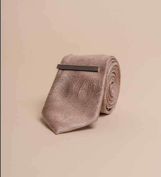 House of Cavani- CV816 Brown Beige Paisley Tie And Pin Set