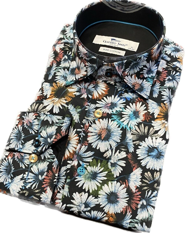 Claudio Lugli- Black Daisy Print Long Sleeve Shirt (CP-6793)