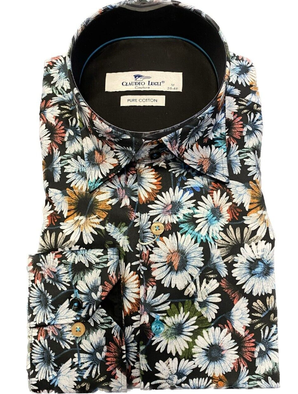 Claudio Lugli- Black Daisy Print Long Sleeve Shirt (CP-6793)