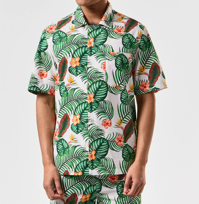 Weekend Offender- White Lotus Print Short Sleeve Shirt White