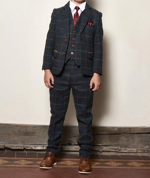 Marc Darcy- Children's Eton Navy Tweed Check Three Piece Suit