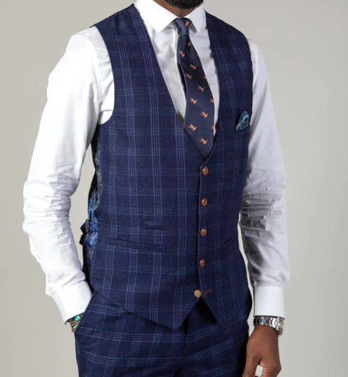 Marc Darcy- Chigwell Blue Tweed Check Waistcoat