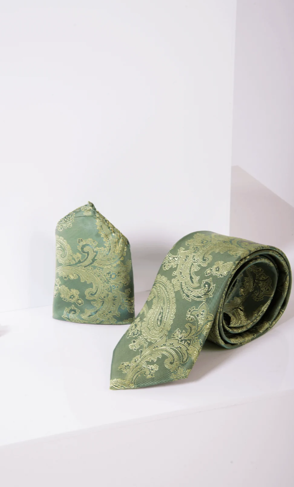Marcy Darcy- Green Paisley Tie and Pocket Square Set