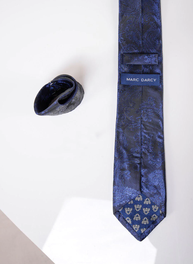 Marc Darcy- Navy Paisley Tie and Pocket Square Set