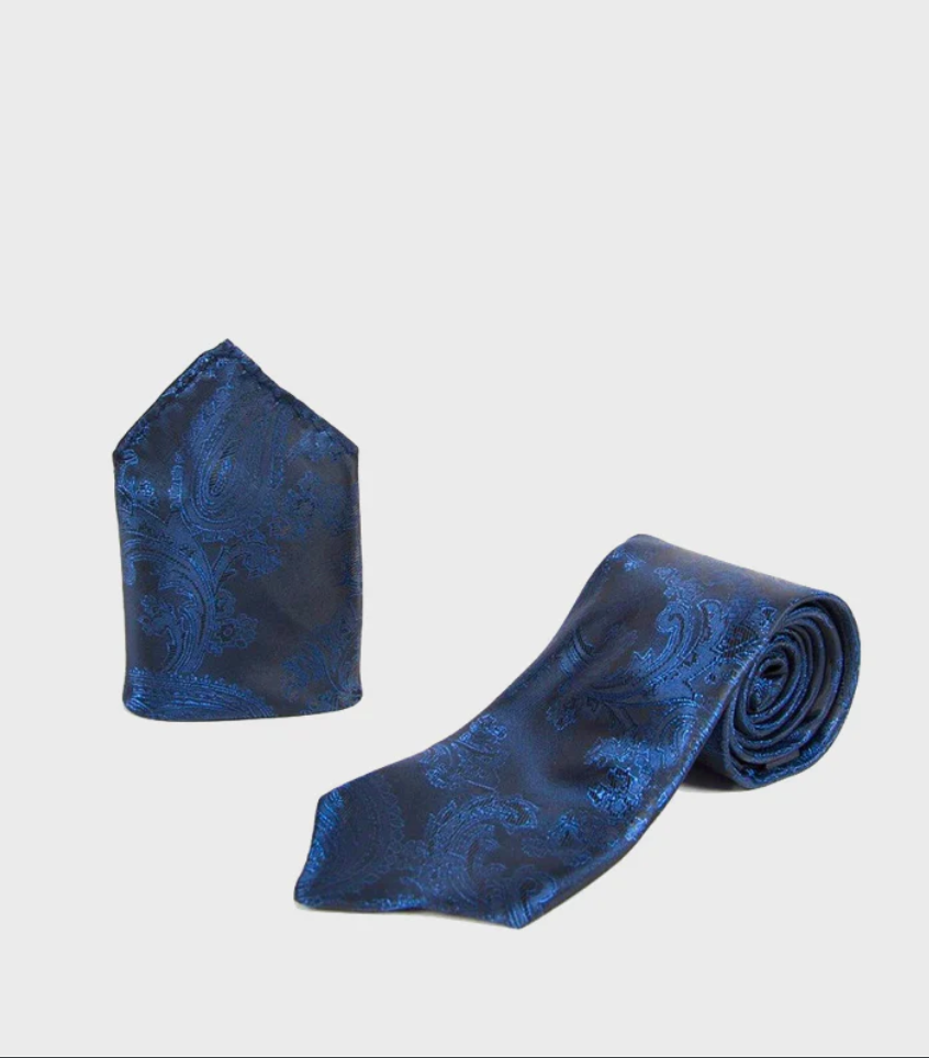 Marc Darcy- Navy Paisley Tie and Pocket Square Set