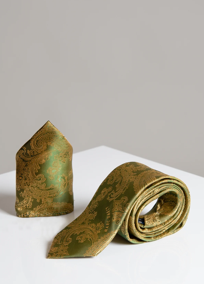 Marc Darcy- Tan Paisley Tie and Pocket Square Set