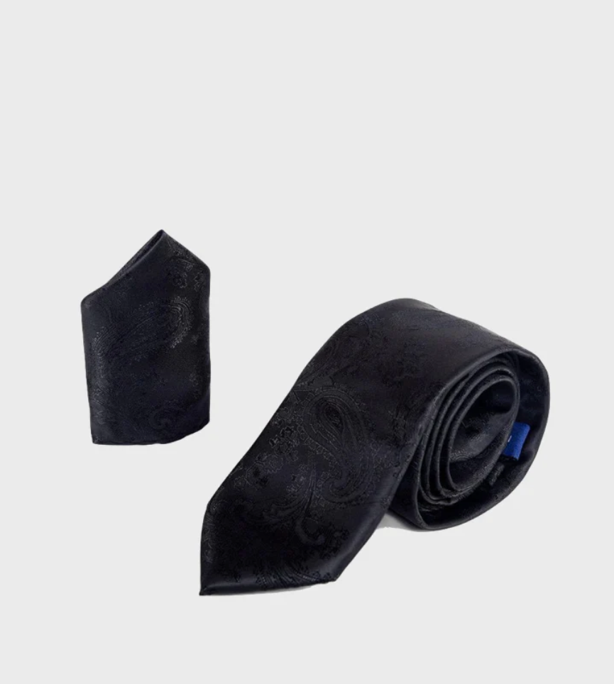 Marc Darcy- Black Paisley Tie and Pocket Square Set