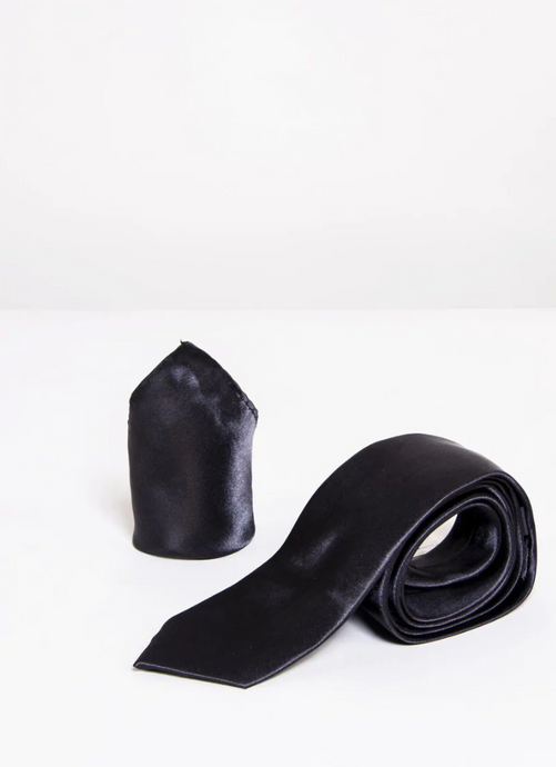 Marc Darcy- Stanley Black Plain Satin Tie and Pocket Square Set