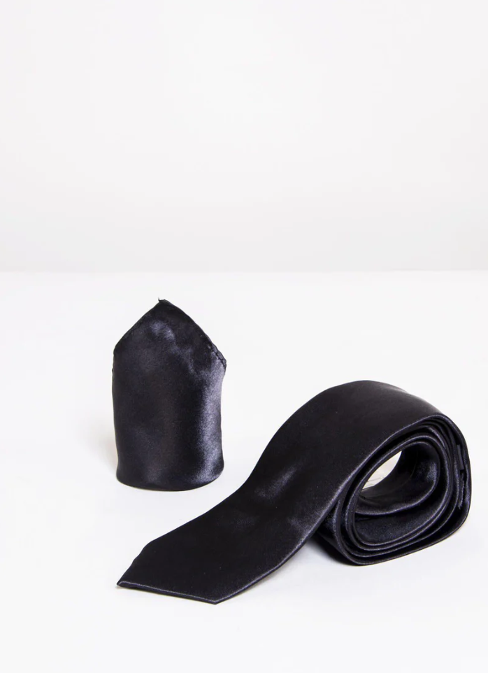 Marc Darcy- Stanley Black Plain Satin Tie and Pocket Square Set