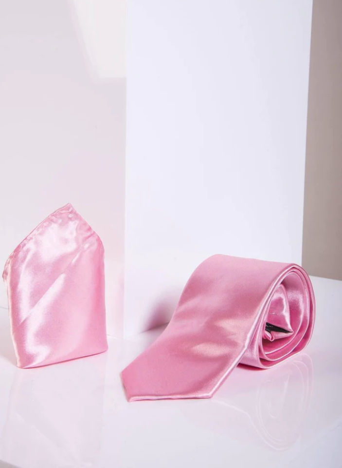 Marc Darcy - Stanley Pink Plain Satin Tie and Pocket Square Set