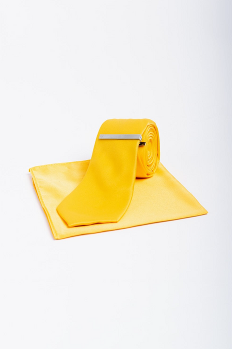 House of Cavani- CV201 Yellow Satin Tie, Pocket Square and Tie Pin Set