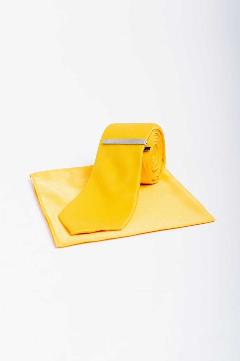 House of Cavani- CV201 Yellow Satin Tie, Pocket Square and Tie Pin Set