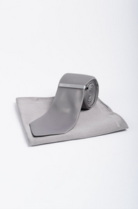 House of Cavani- CV201 Grey Satin, Pocket Square and Tie Pin Set