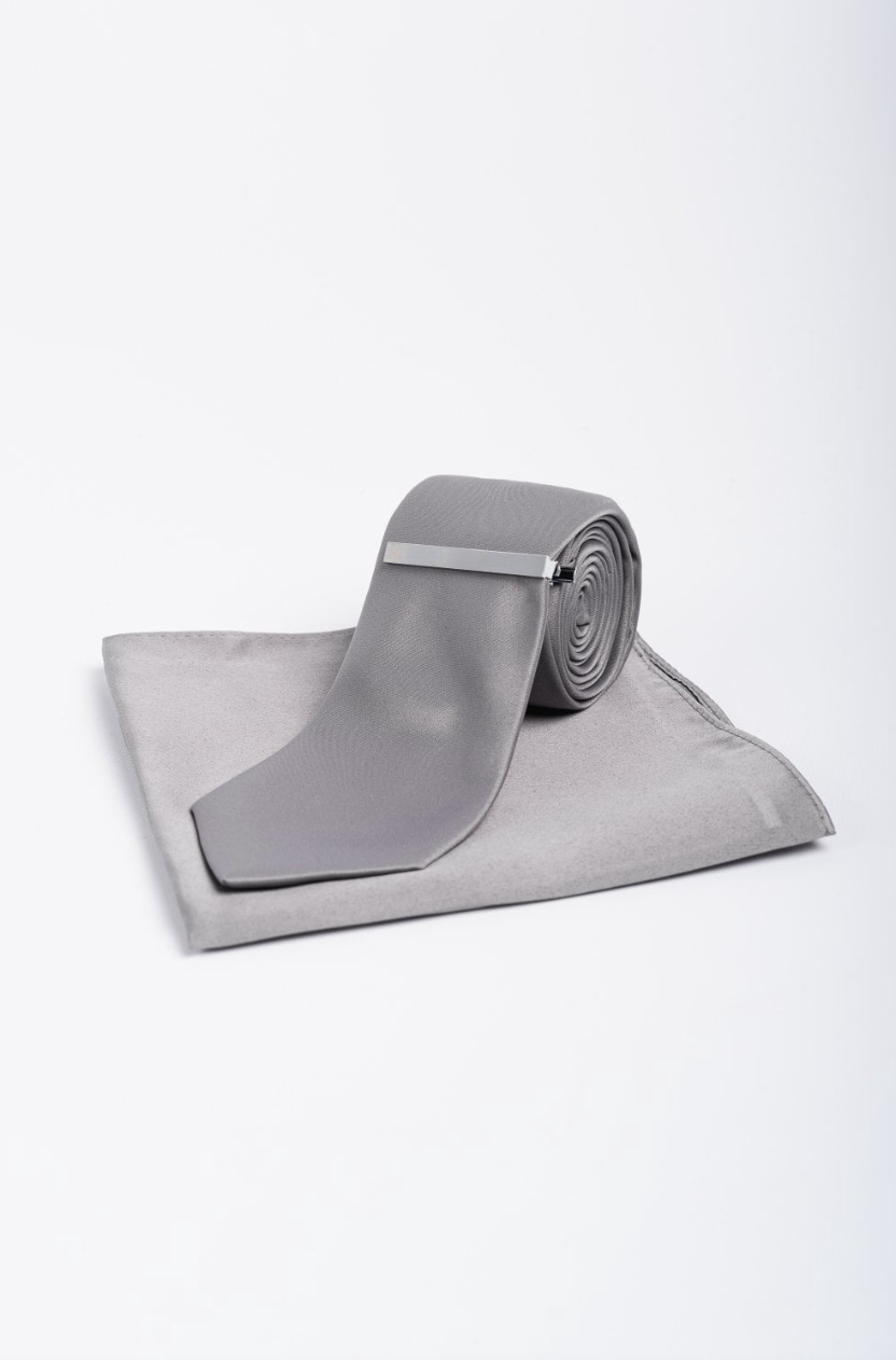 House of Cavani- CV201 Grey Satin, Pocket Square and Tie Pin Set