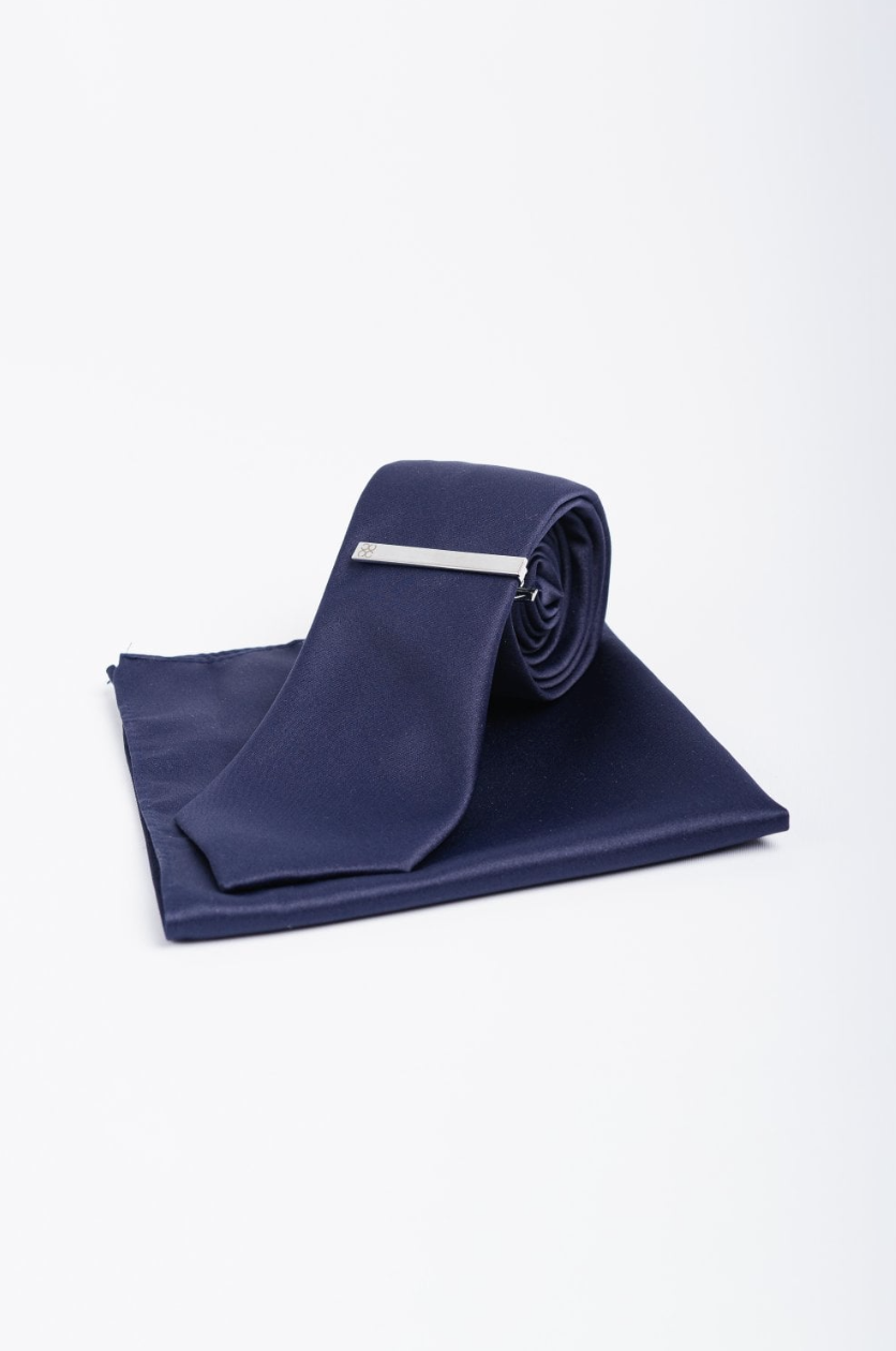 House of Cavani- CV201 Navy Tie, Pocket Square and Tie Pin Set