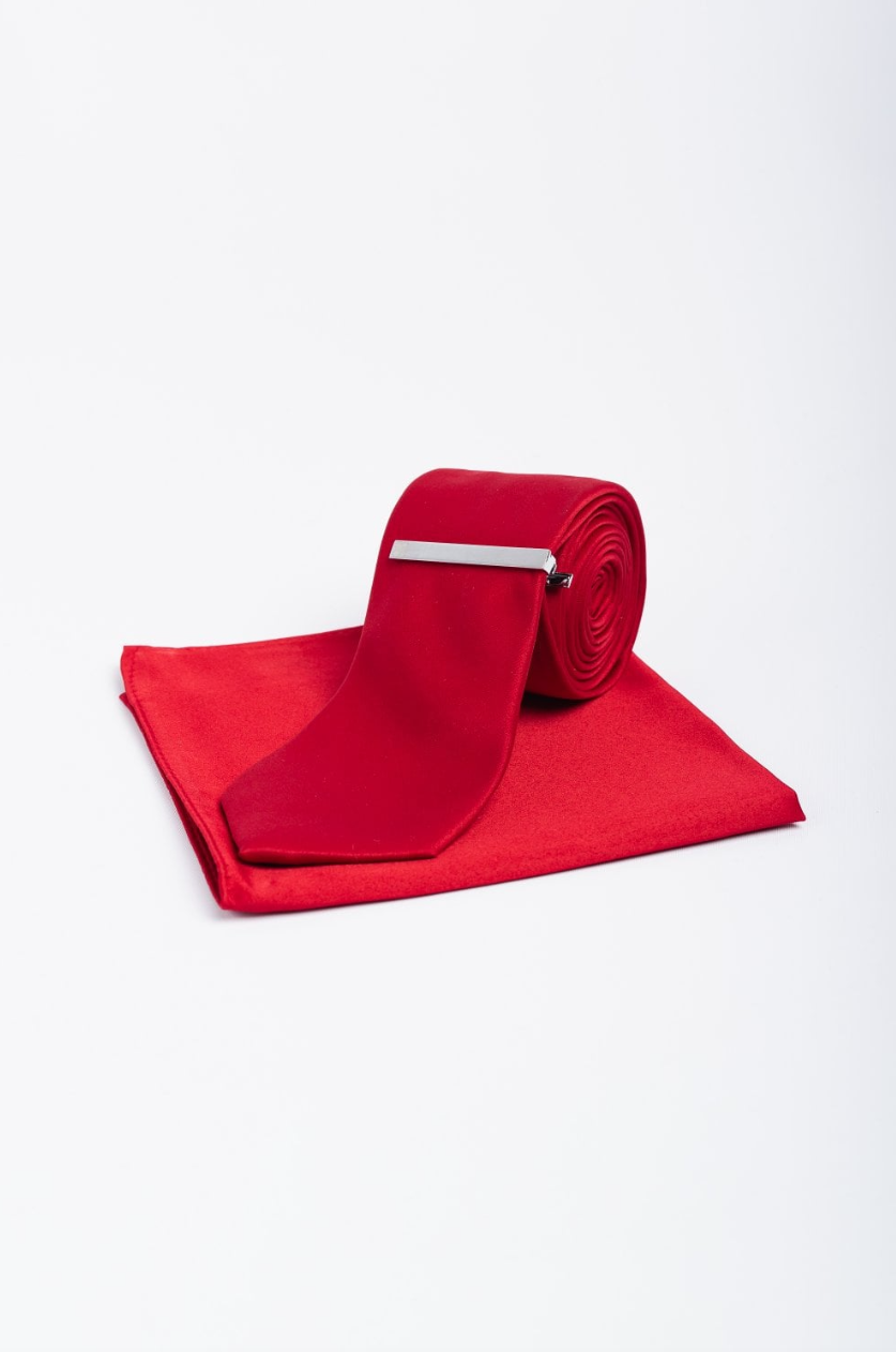 House of Cavani- CV201 Red Satin Tie, Pocket Square And Tie Pin Set