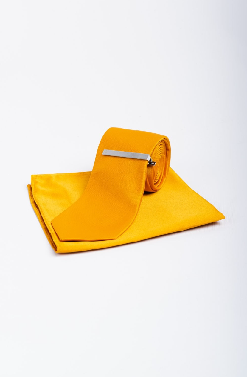 House of Cavani- CV201 Gold Satin Tie, Pocket Square and Tie Pin Set