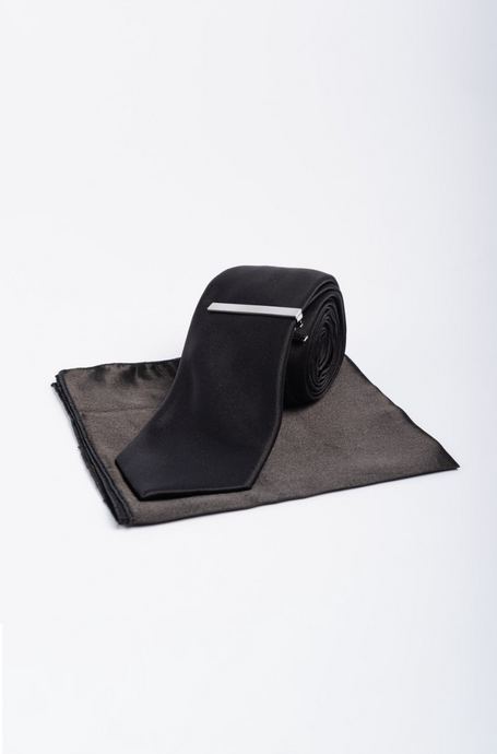 House of Cavani- CV201 Black Satin Tie, Pocket Square and Tie Pin Set