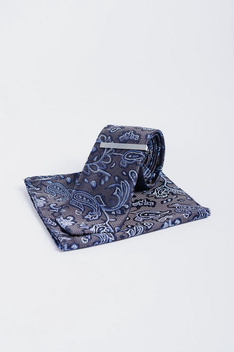 House of Cavani- CV812 Paisley Navy/Grey Tie, Pocket Square and Tie Pin Set