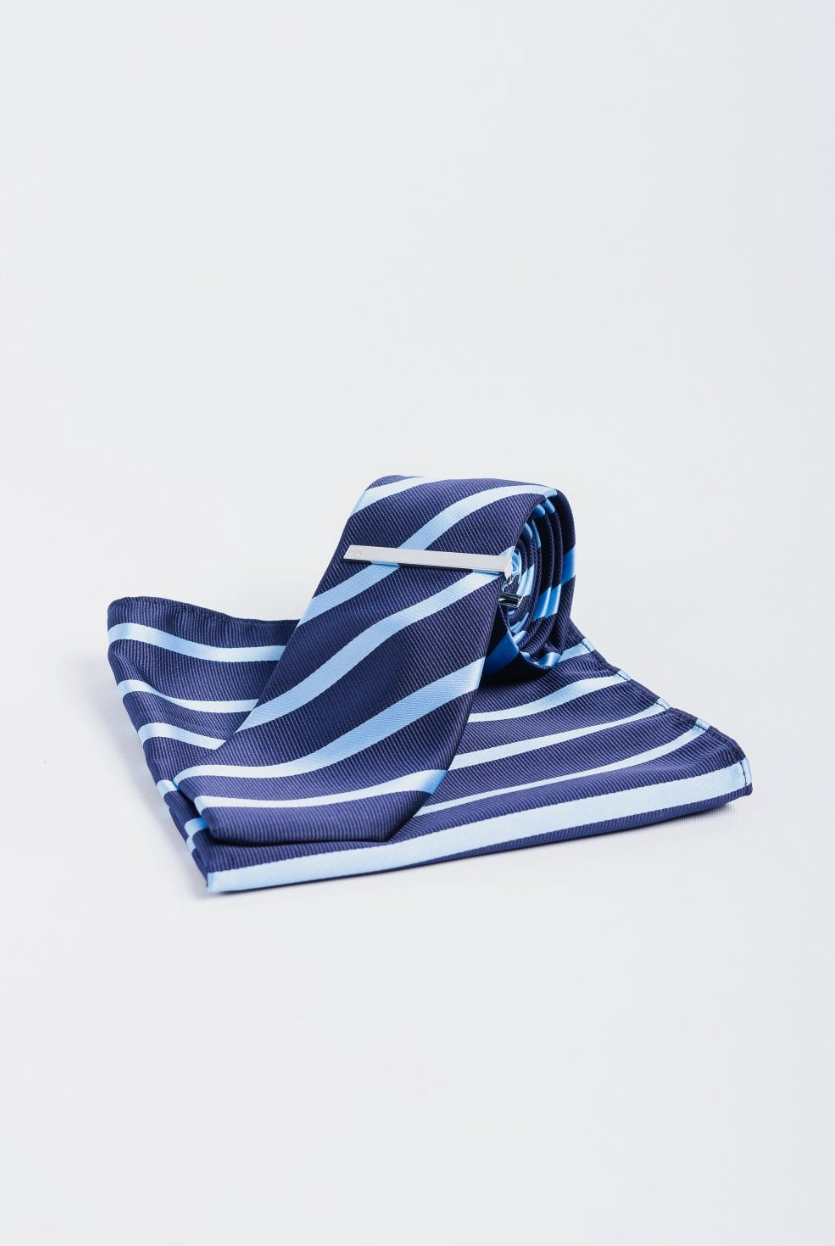 House of Cavani- CV803 Navy Tie, Pocket Square and Tie Pin Set